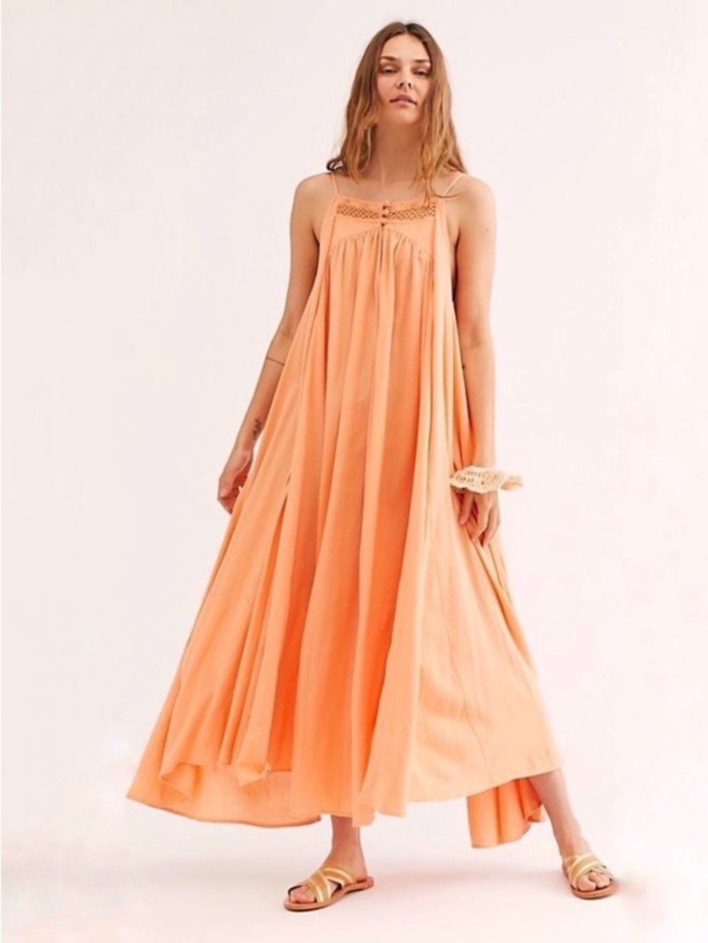 Free People Mancora Maxi Tent Dress Cotton Flowy Boho Sundress Orange Small
